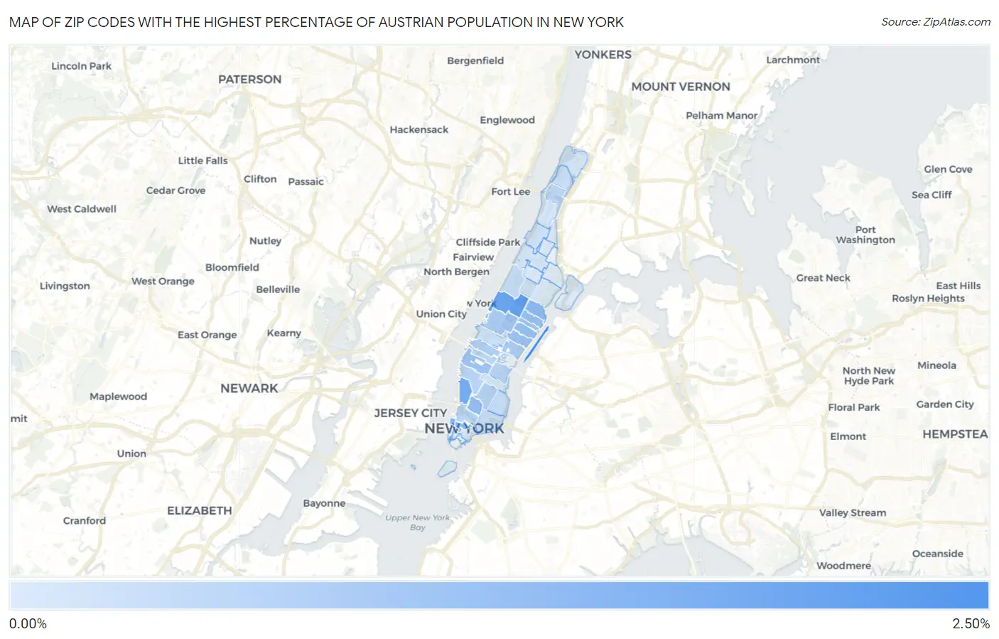 Zip Codes with the Highest Percentage of Austrian Population in New York Map