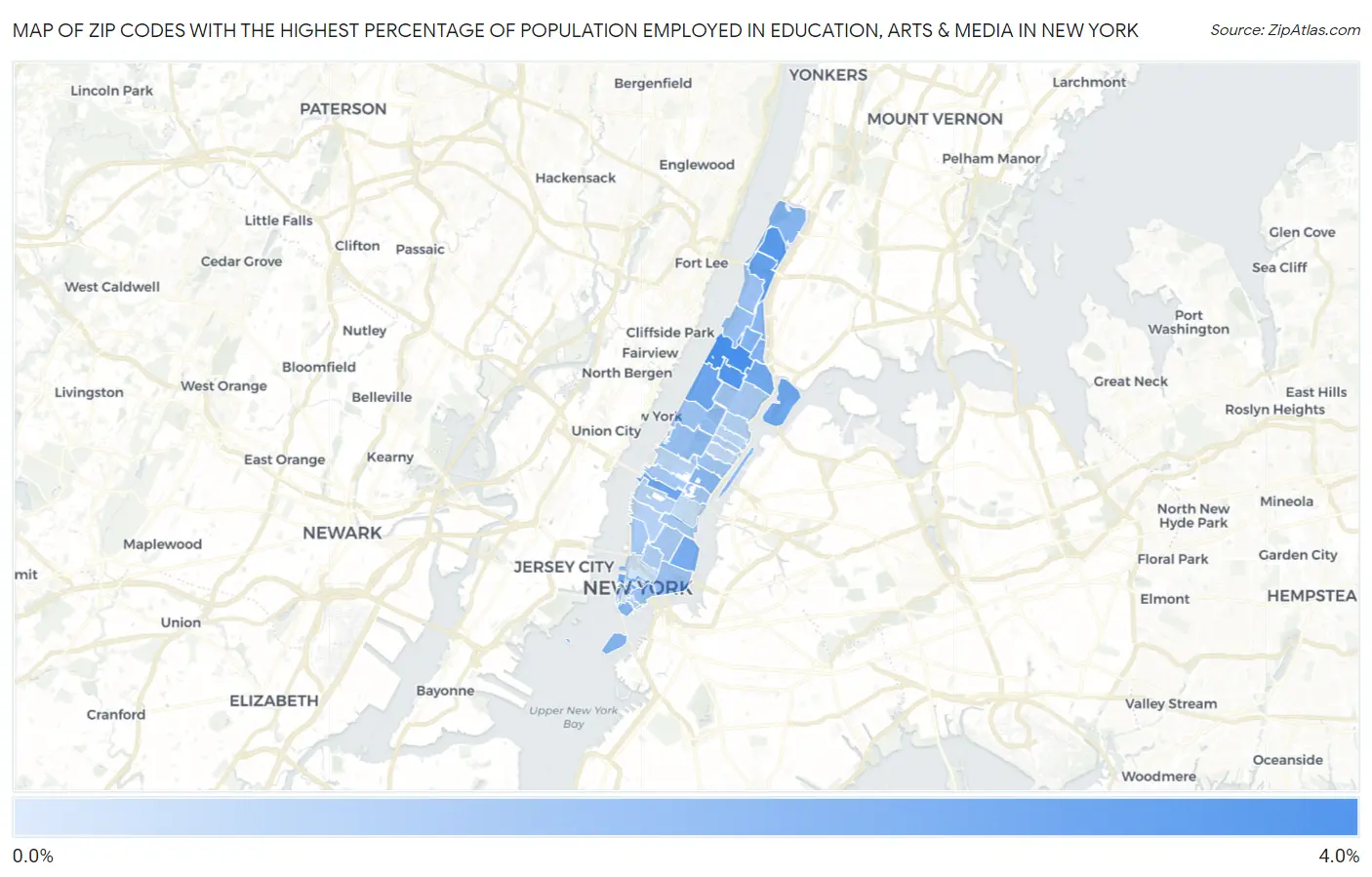 Zip Codes with the Highest Percentage of Population Employed in Education, Arts & Media in New York Map