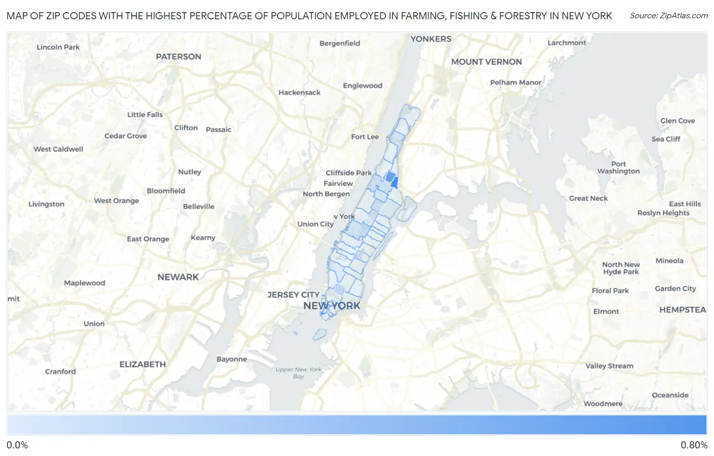 Zip Codes with the Highest Percentage of Population Employed in Farming, Fishing & Forestry in New York Map