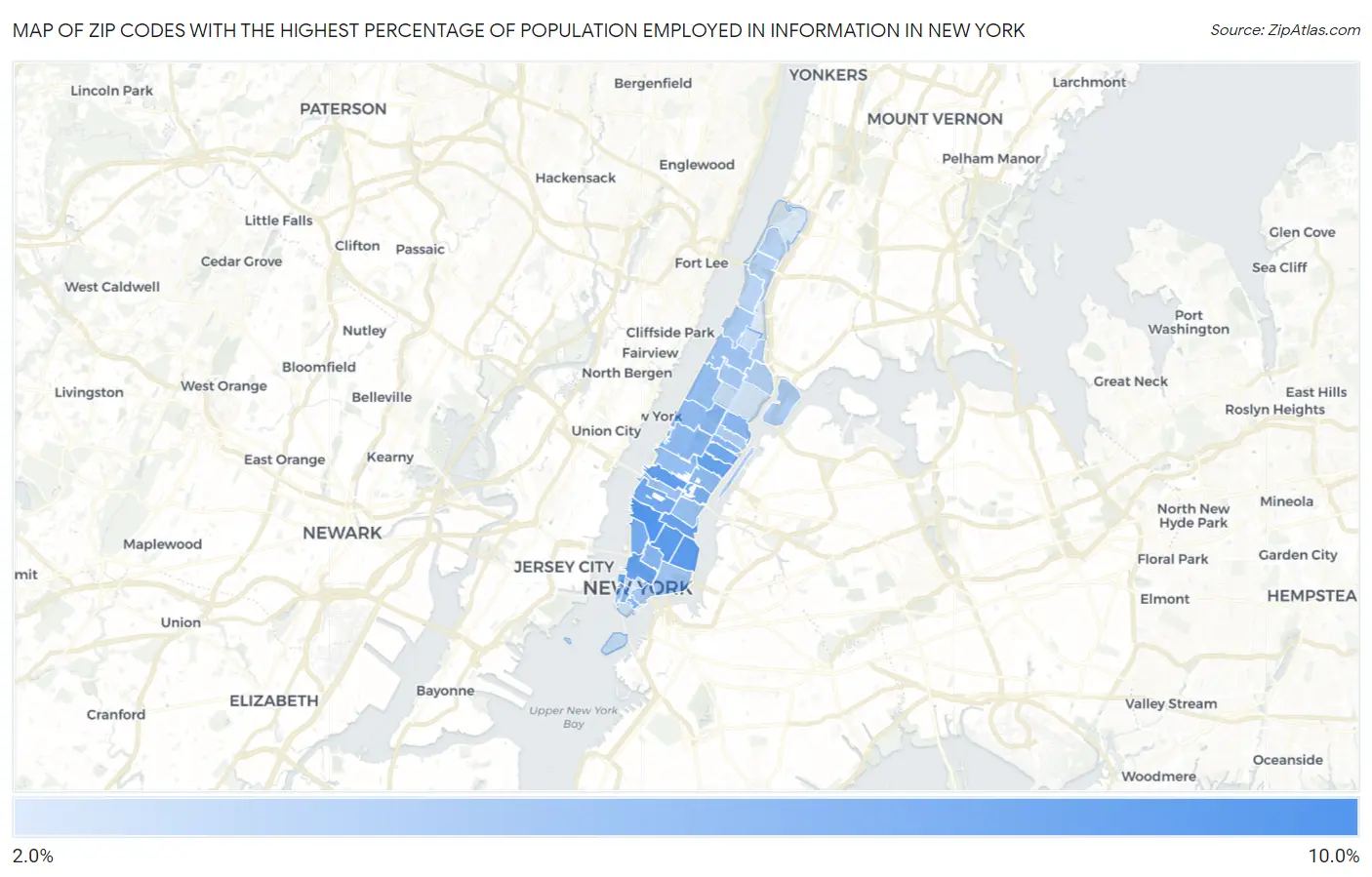 Zip Codes with the Highest Percentage of Population Employed in Information in New York Map