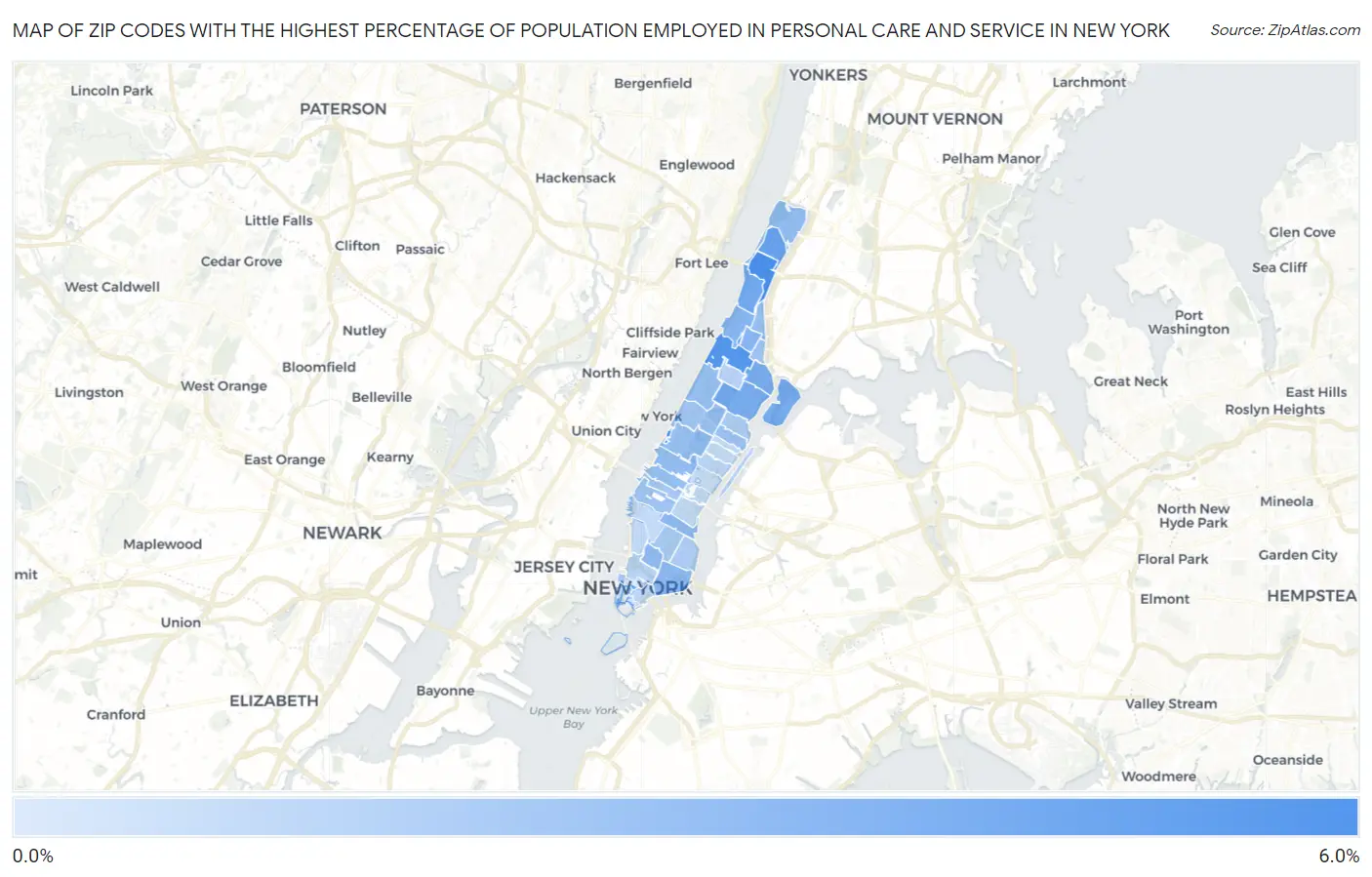 Zip Codes with the Highest Percentage of Population Employed in Personal Care and Service in New York Map