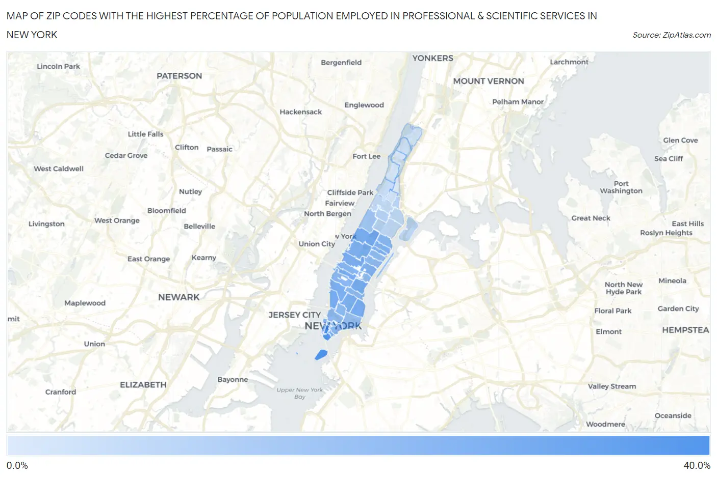 Zip Codes with the Highest Percentage of Population Employed in Professional & Scientific Services in New York Map