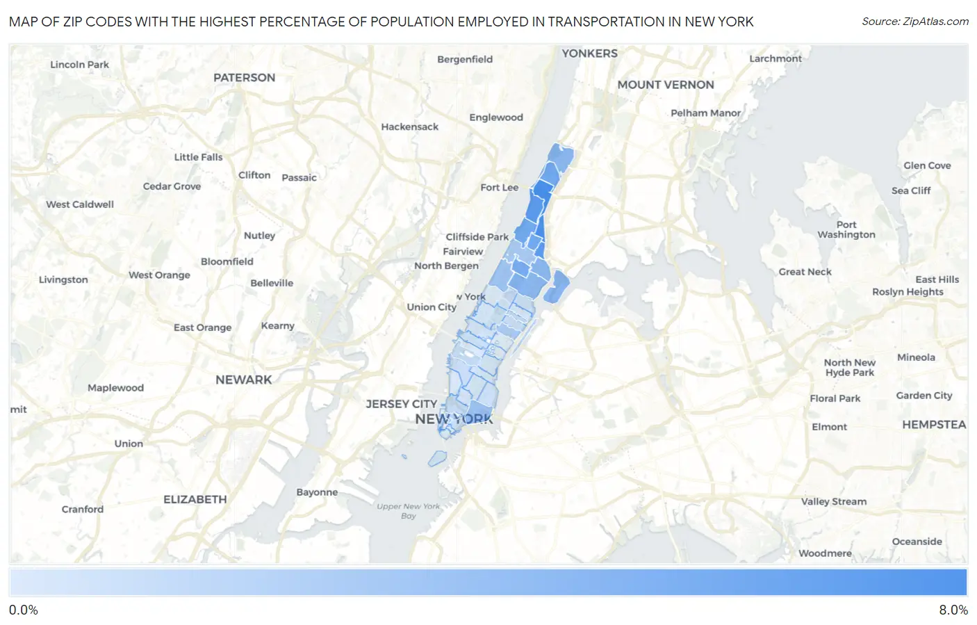 Zip Codes with the Highest Percentage of Population Employed in Transportation in New York Map