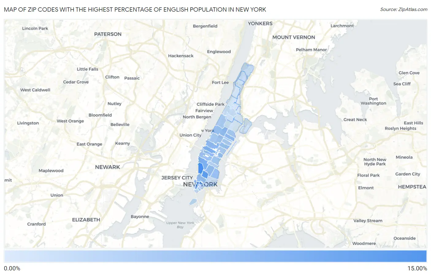 Zip Codes with the Highest Percentage of English Population in New York Map