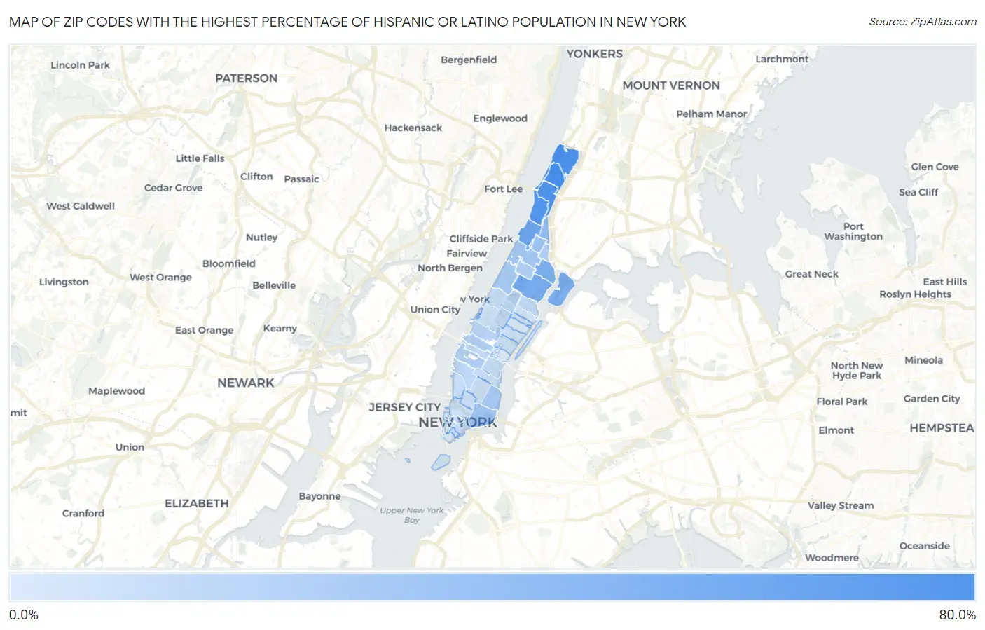 Zip Codes with the Highest Percentage of Hispanic or Latino Population in New York Map