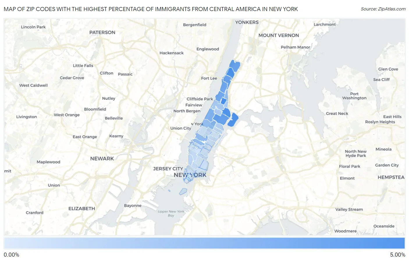 Zip Codes with the Highest Percentage of Immigrants from Central America in New York Map