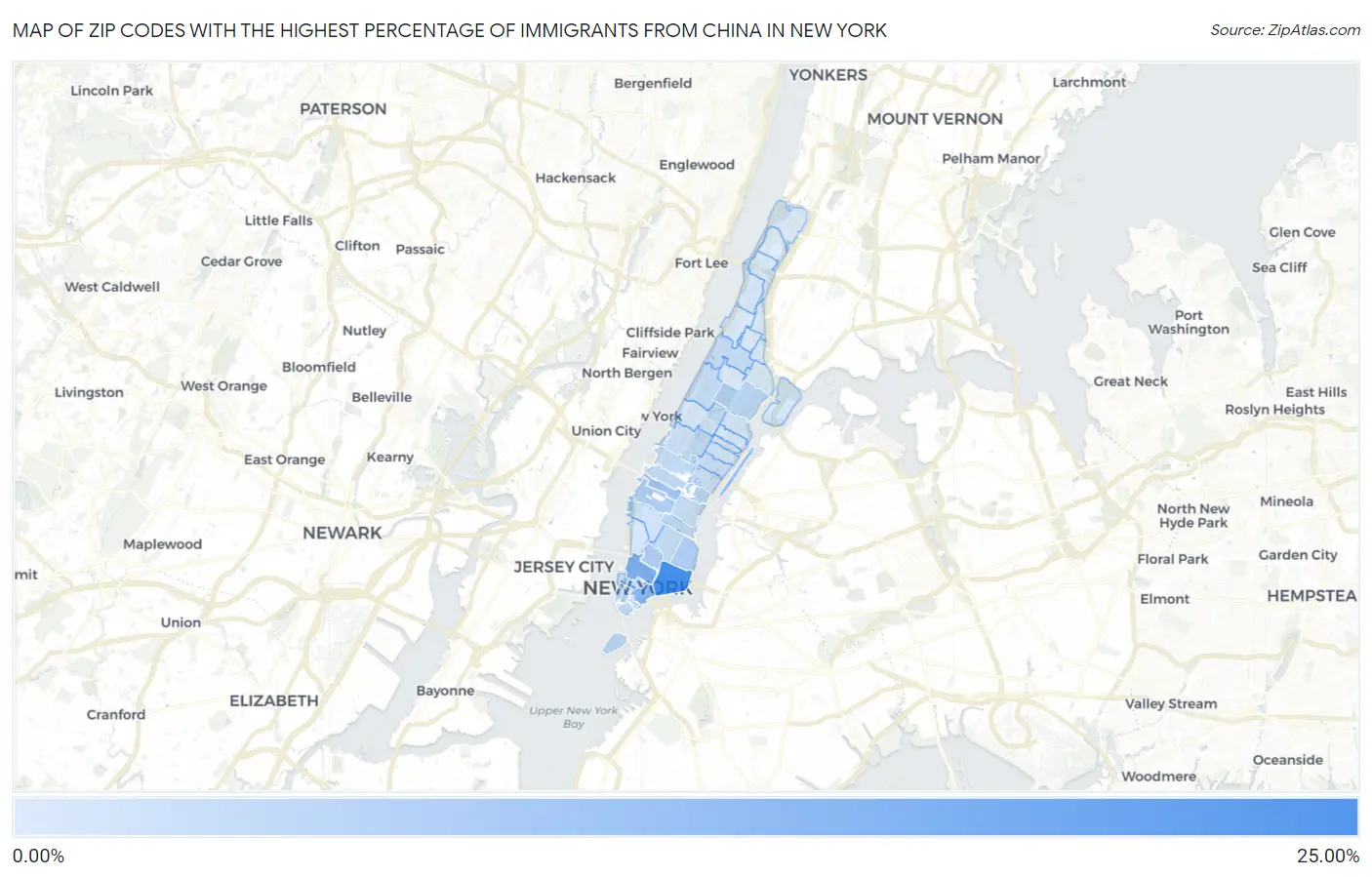 Zip Codes with the Highest Percentage of Immigrants from China in New York Map