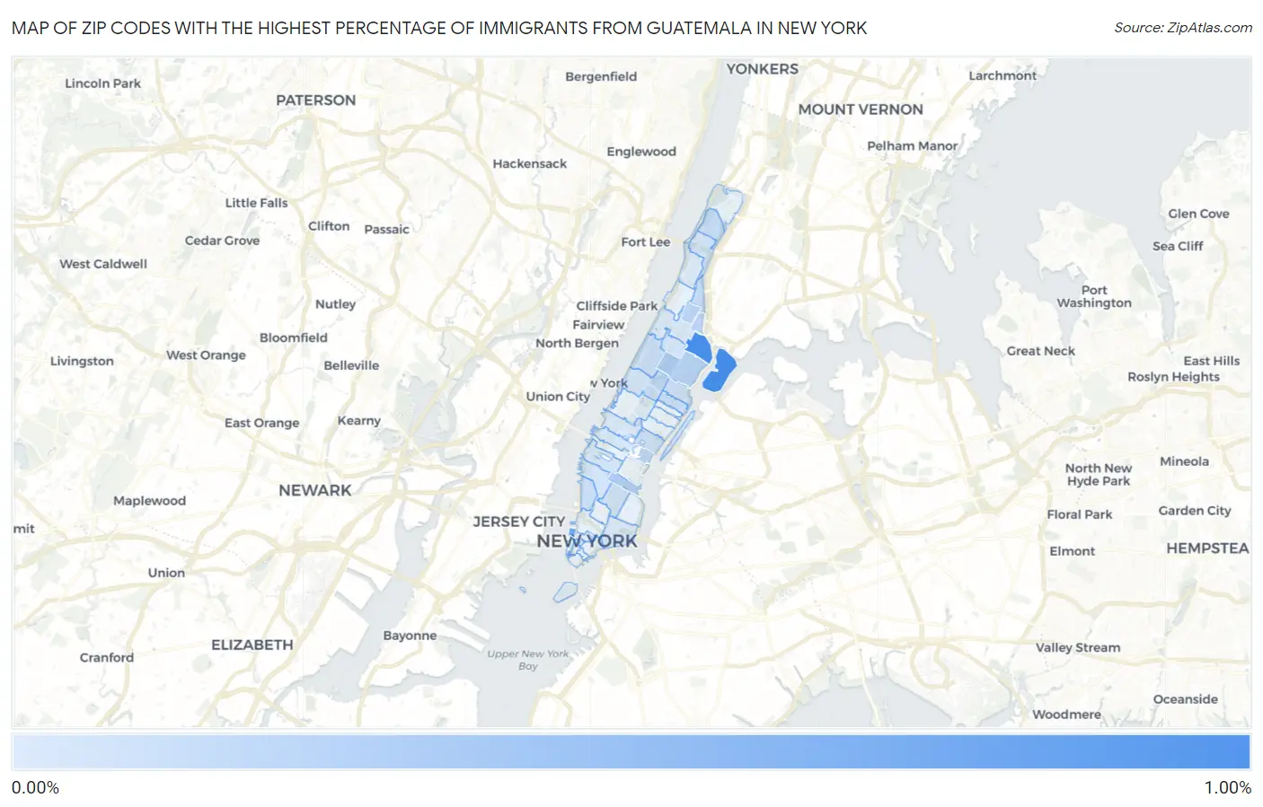 Zip Codes with the Highest Percentage of Immigrants from Guatemala in New York Map