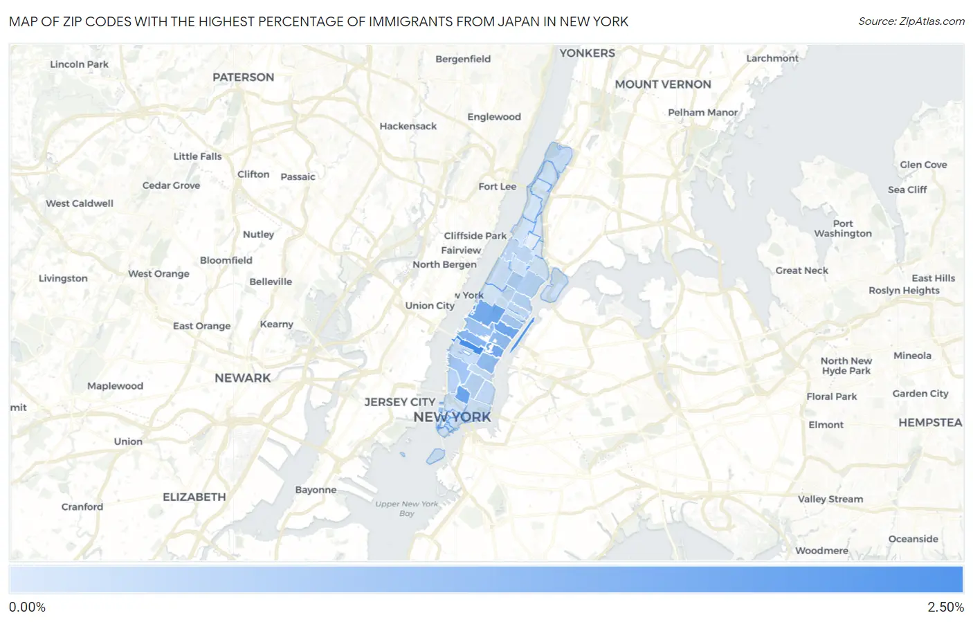 Zip Codes with the Highest Percentage of Immigrants from Japan in New York Map