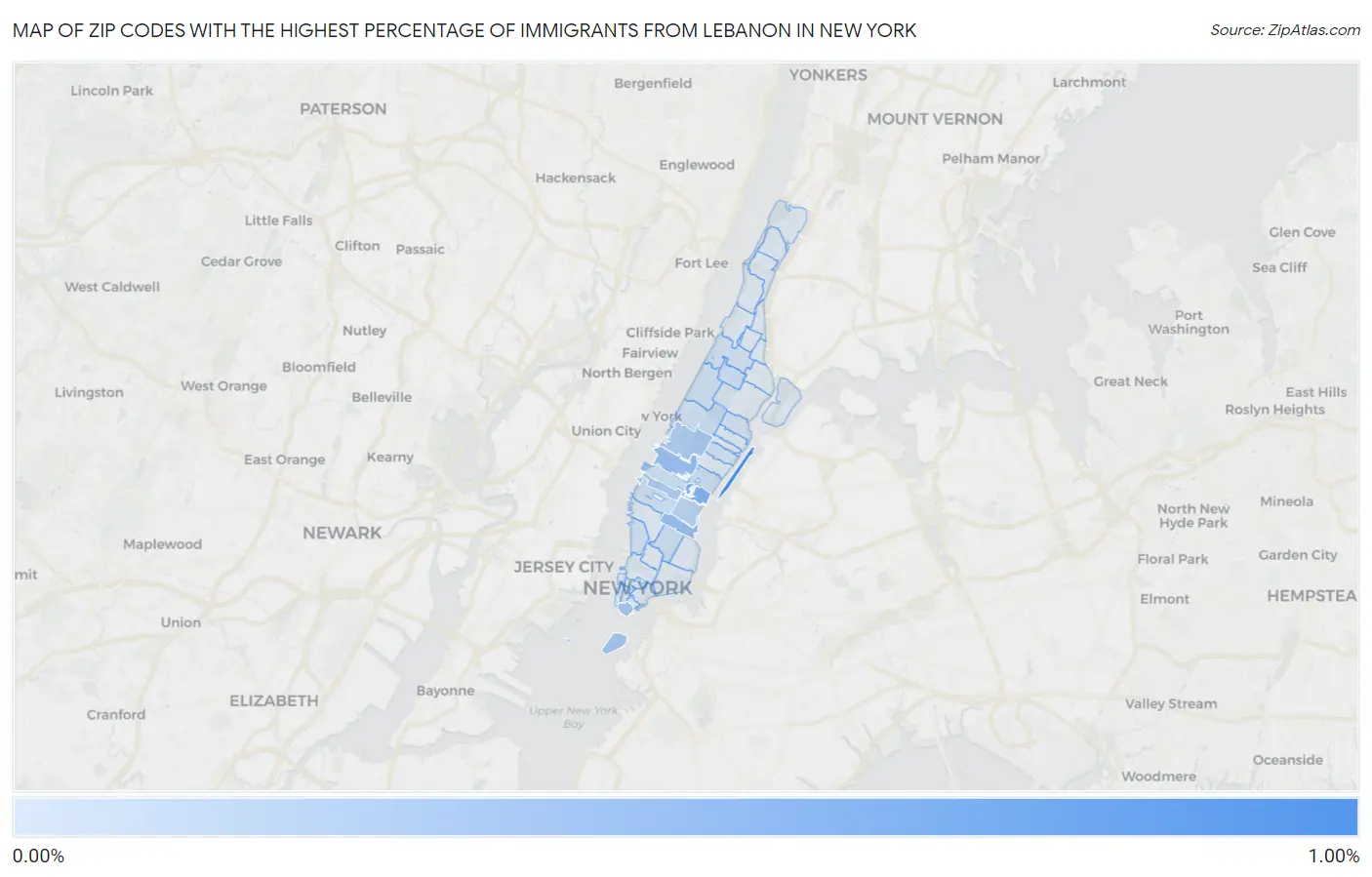 Zip Codes with the Highest Percentage of Immigrants from Lebanon in New York Map