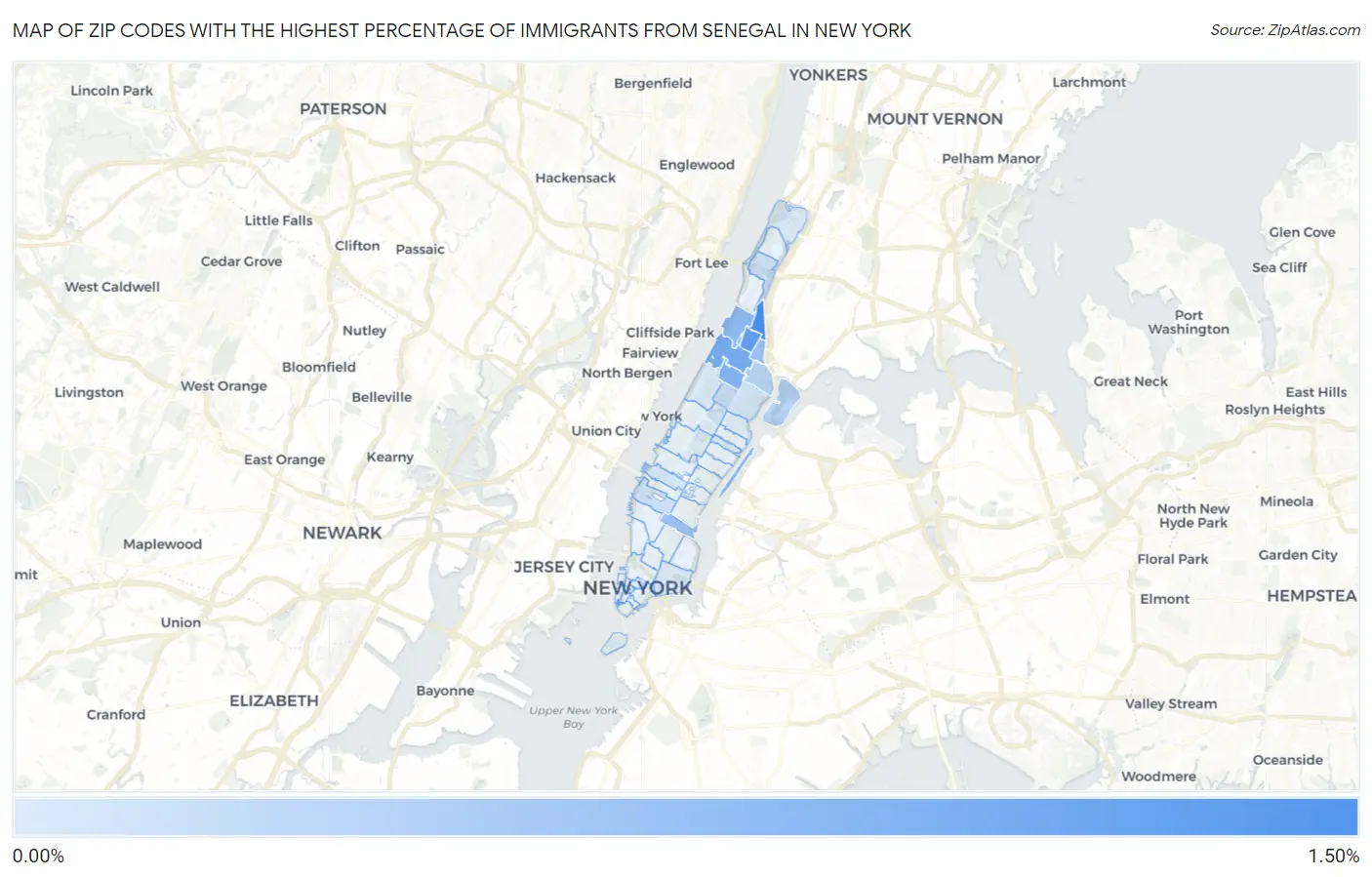 Zip Codes with the Highest Percentage of Immigrants from Senegal in New York Map
