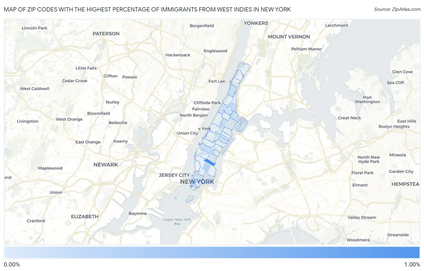 Zip Codes with the Highest Percentage of Immigrants from West Indies in New York Map