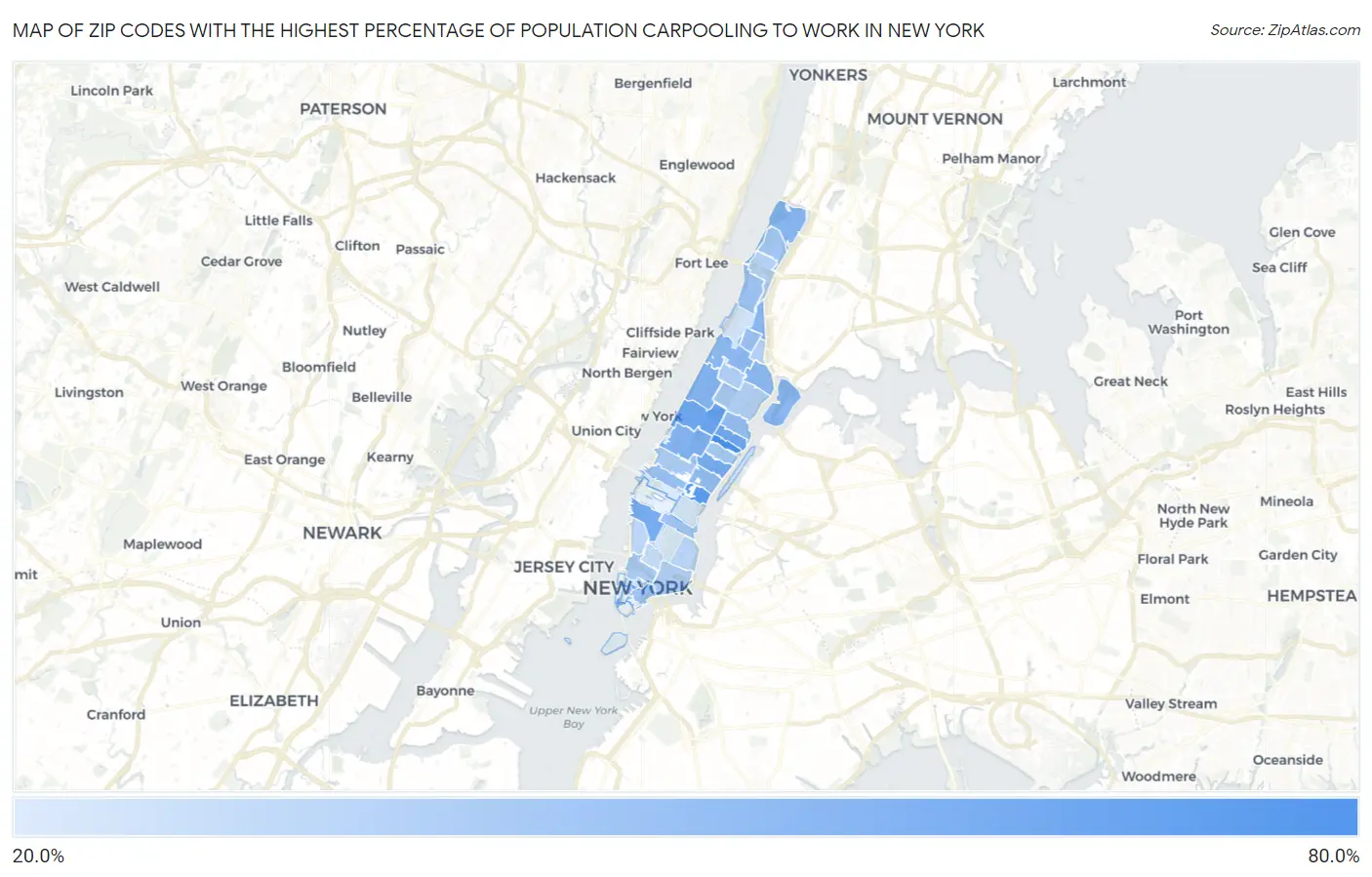 Zip Codes with the Highest Percentage of Population Carpooling to Work in New York Map