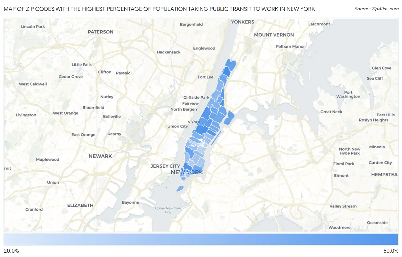 Zip Codes with the Highest Percentage of Population Taking Public Transit to Work in New York Map