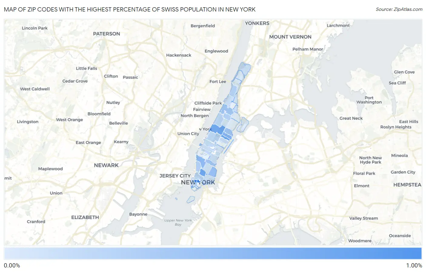 Zip Codes with the Highest Percentage of Swiss Population in New York Map
