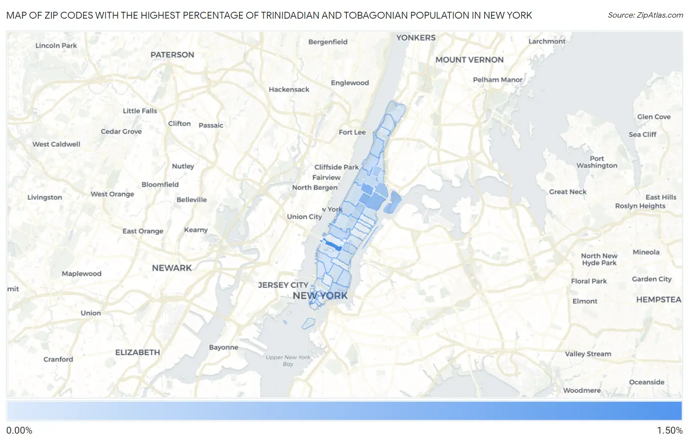 Zip Codes with the Highest Percentage of Trinidadian and Tobagonian Population in New York Map