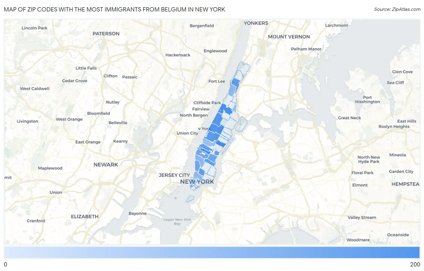 Zip Codes with the Most Immigrants from Belgium in New York Map