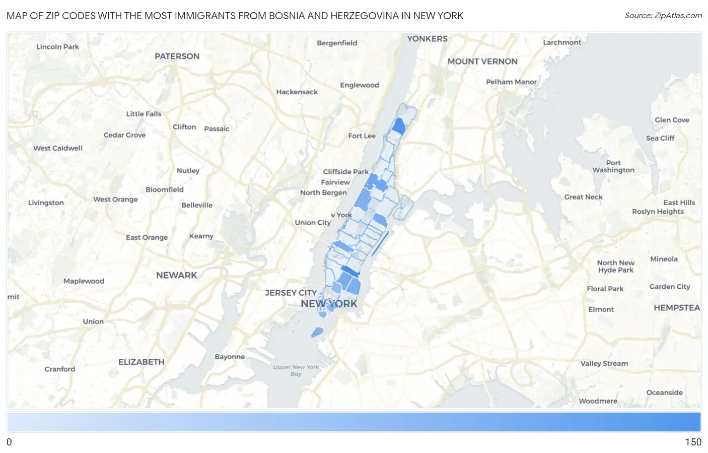 Zip Codes with the Most Immigrants from Bosnia and Herzegovina in New York Map