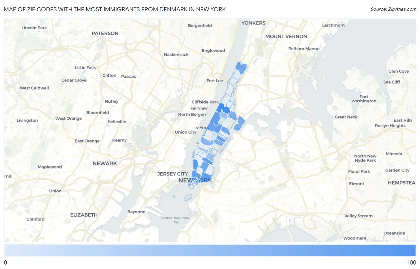 Zip Codes with the Most Immigrants from Denmark in New York Map