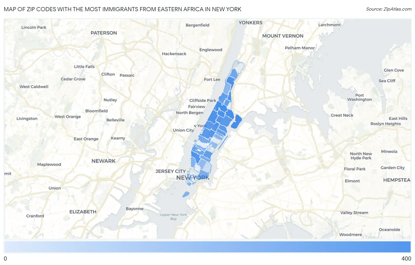 Zip Codes with the Most Immigrants from Eastern Africa in New York Map