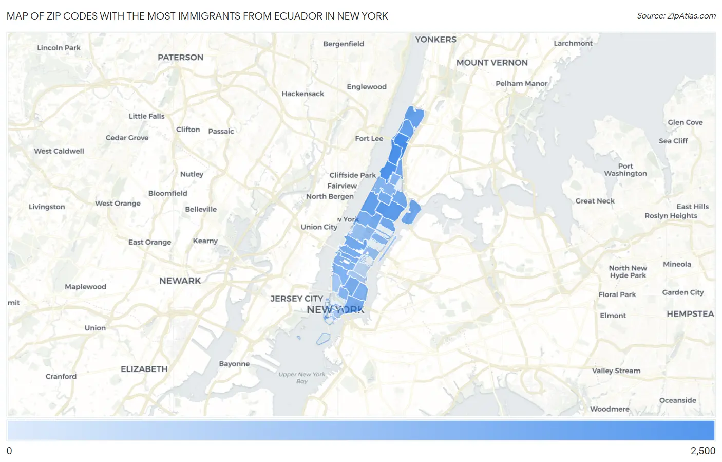 Zip Codes with the Most Immigrants from Ecuador in New York Map