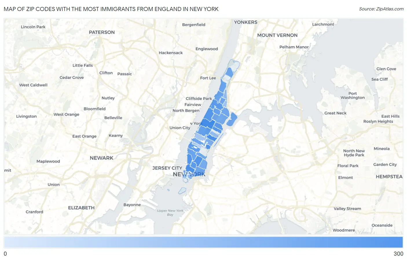 Zip Codes with the Most Immigrants from England in New York Map