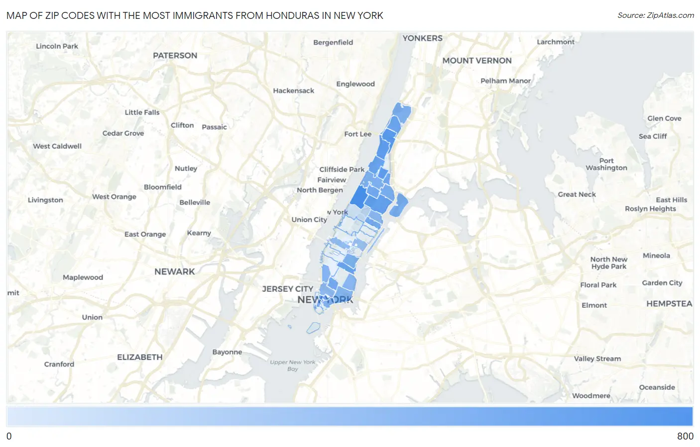 Zip Codes with the Most Immigrants from Honduras in New York Map