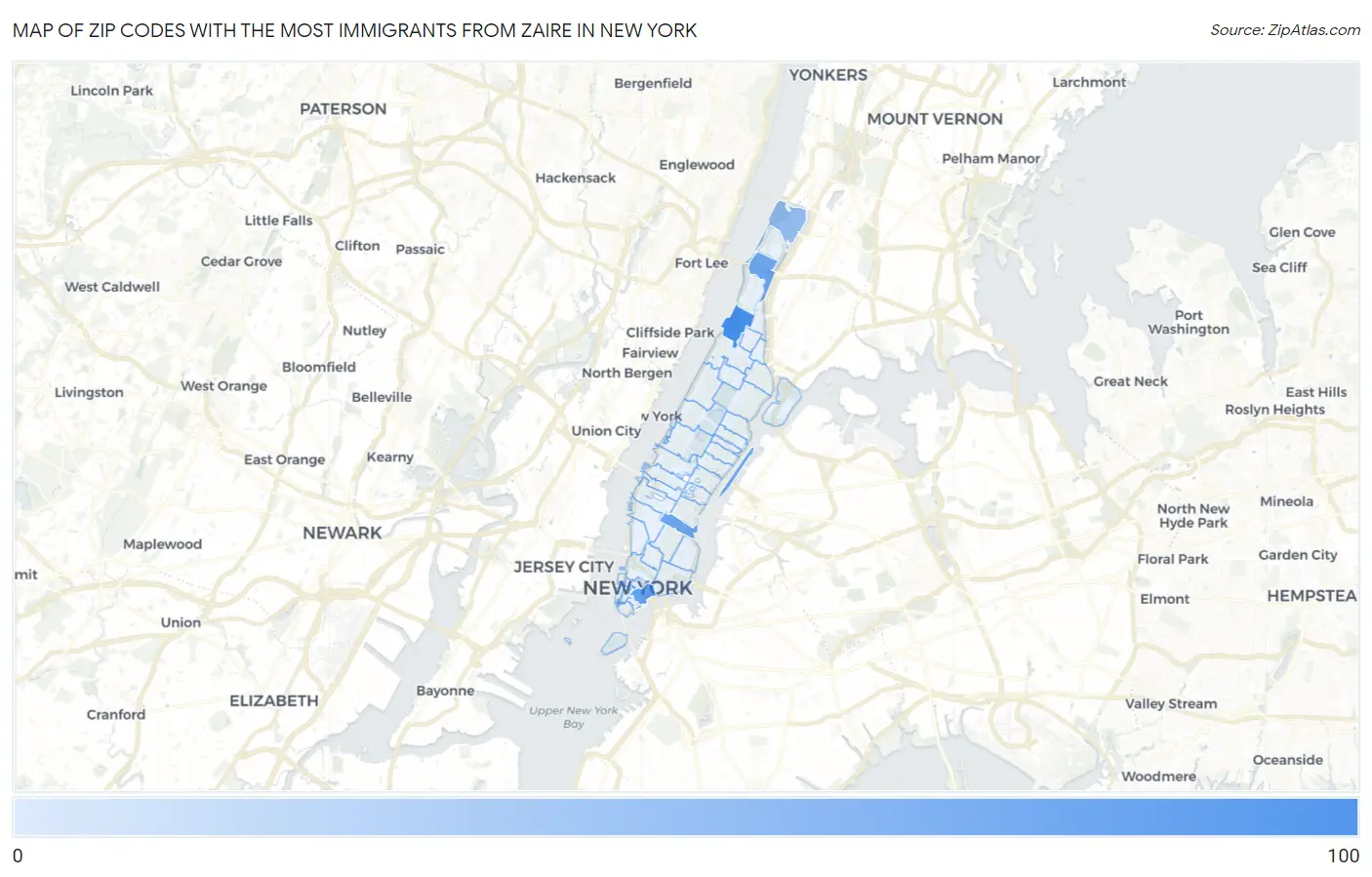 Zip Codes with the Most Immigrants from Zaire in New York Map