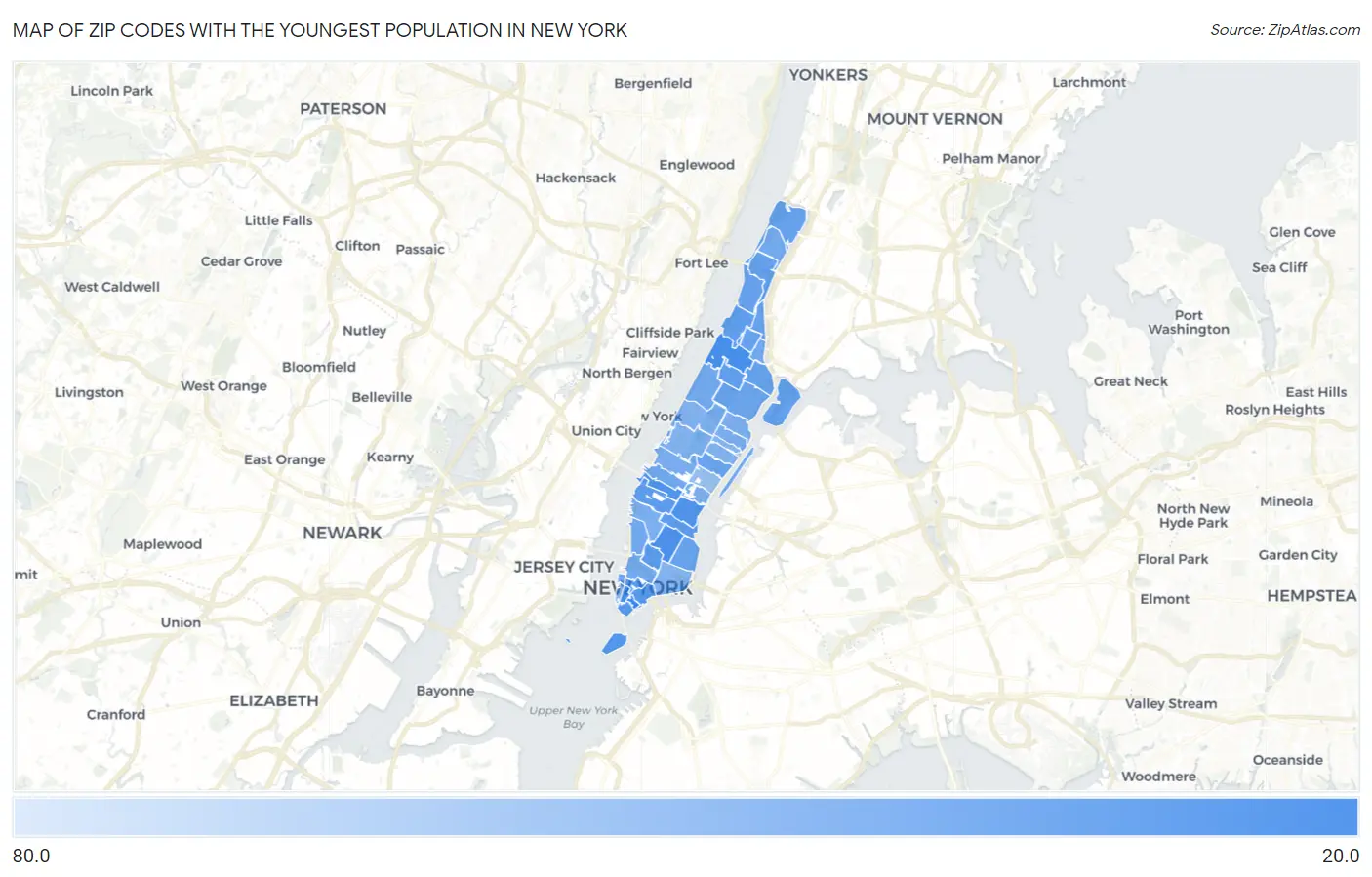 Zip Codes with the Youngest Population in New York Map