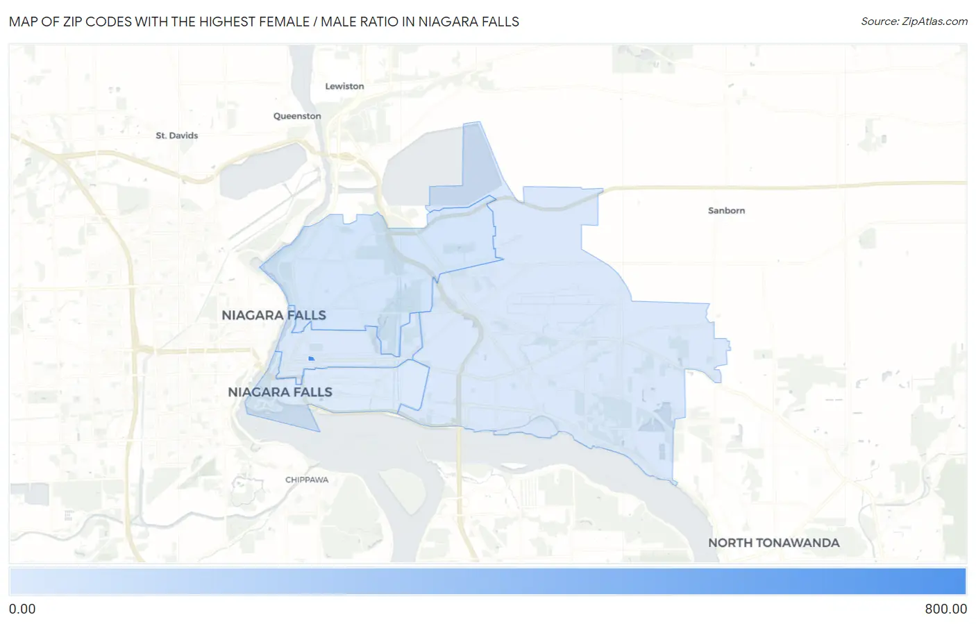 Zip Codes with the Highest Female / Male Ratio in Niagara Falls Map