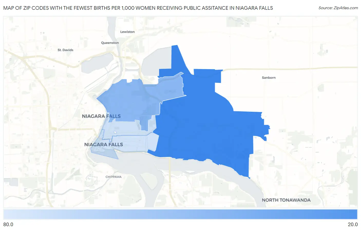 Zip Codes with the Fewest Births per 1,000 Women Receiving Public Assitance in Niagara Falls Map