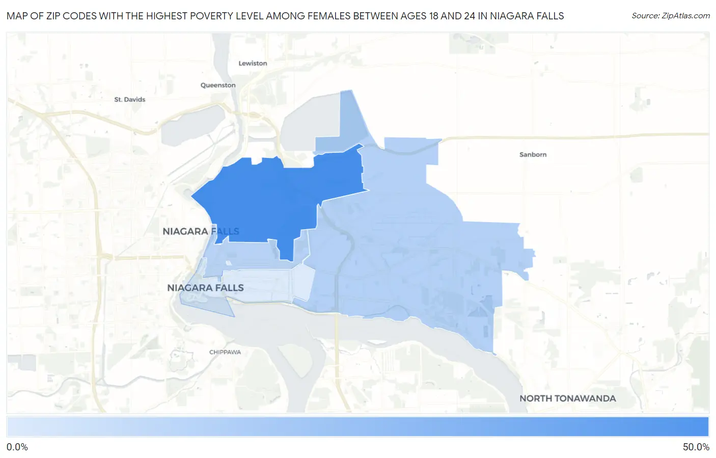 Zip Codes with the Highest Poverty Level Among Females Between Ages 18 and 24 in Niagara Falls Map