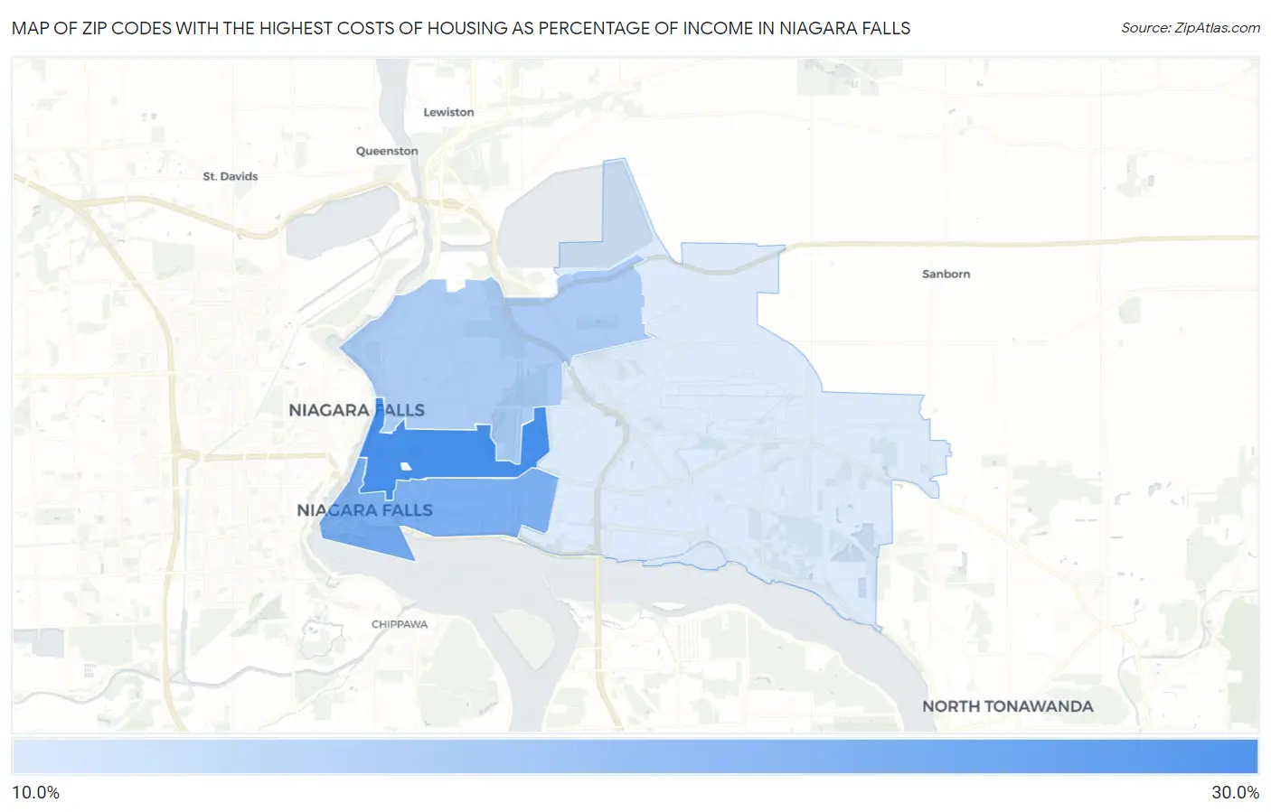Zip Codes with the Highest Costs of Housing as Percentage of Income in Niagara Falls Map