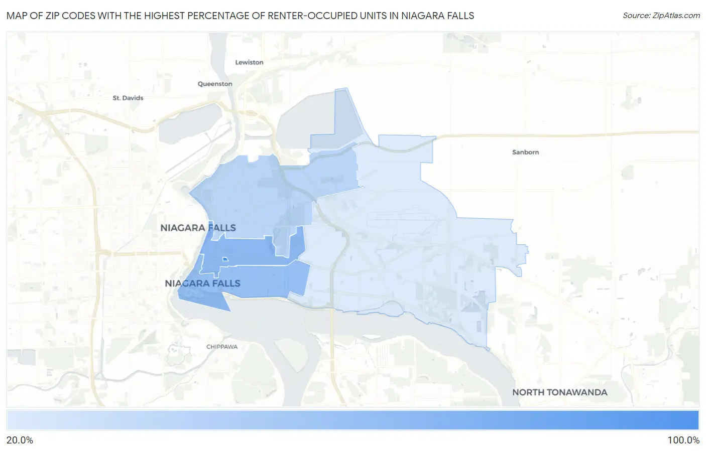 Zip Codes with the Highest Percentage of Renter-Occupied Units in Niagara Falls Map
