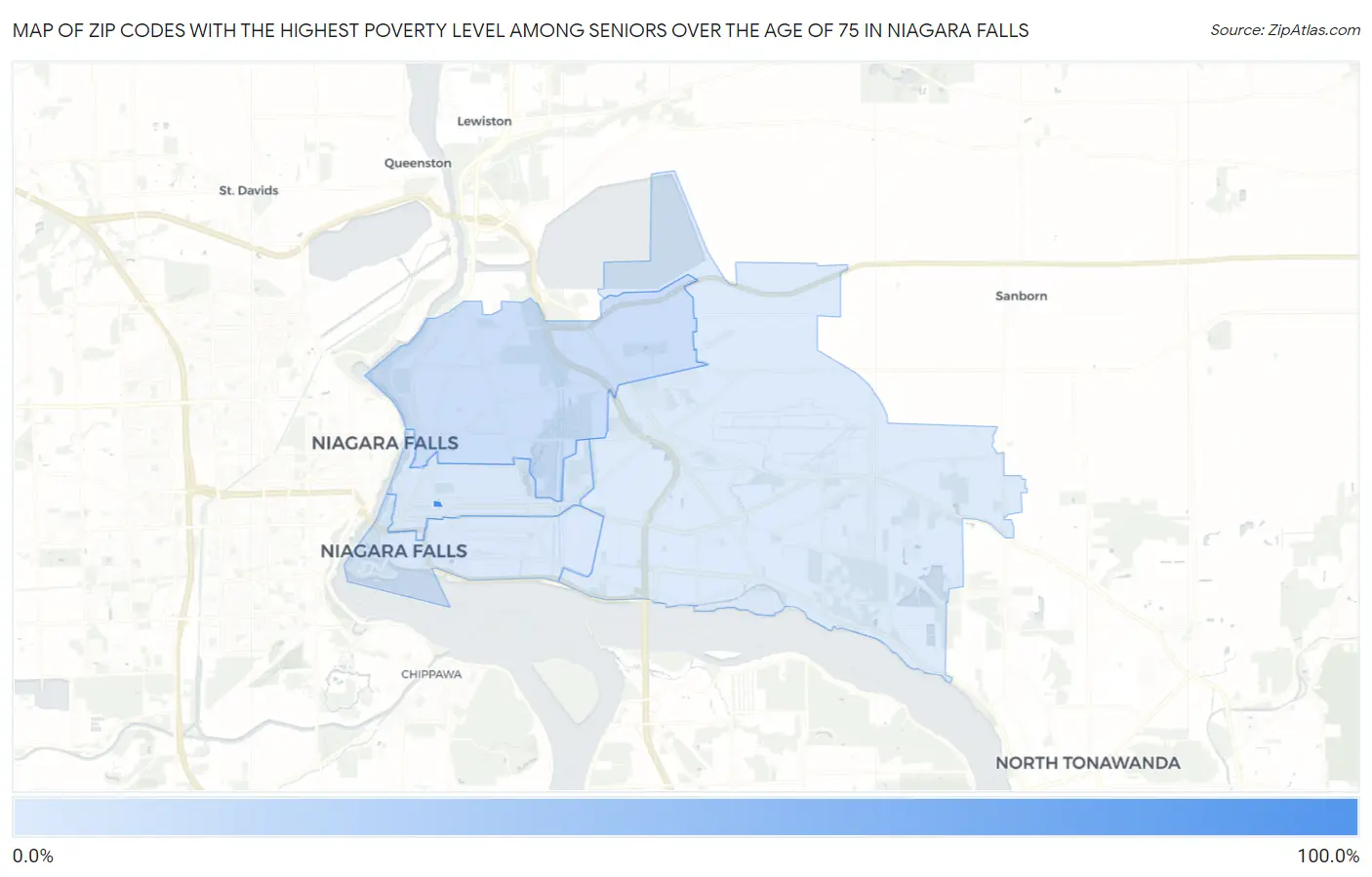 Zip Codes with the Highest Poverty Level Among Seniors Over the Age of 75 in Niagara Falls Map