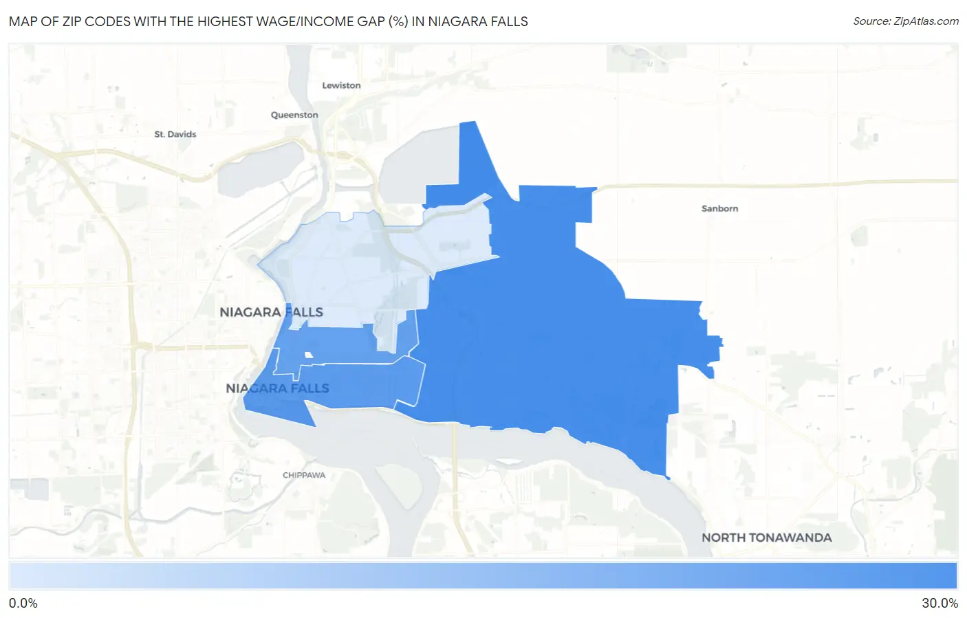 Zip Codes with the Highest Wage/Income Gap (%) in Niagara Falls Map