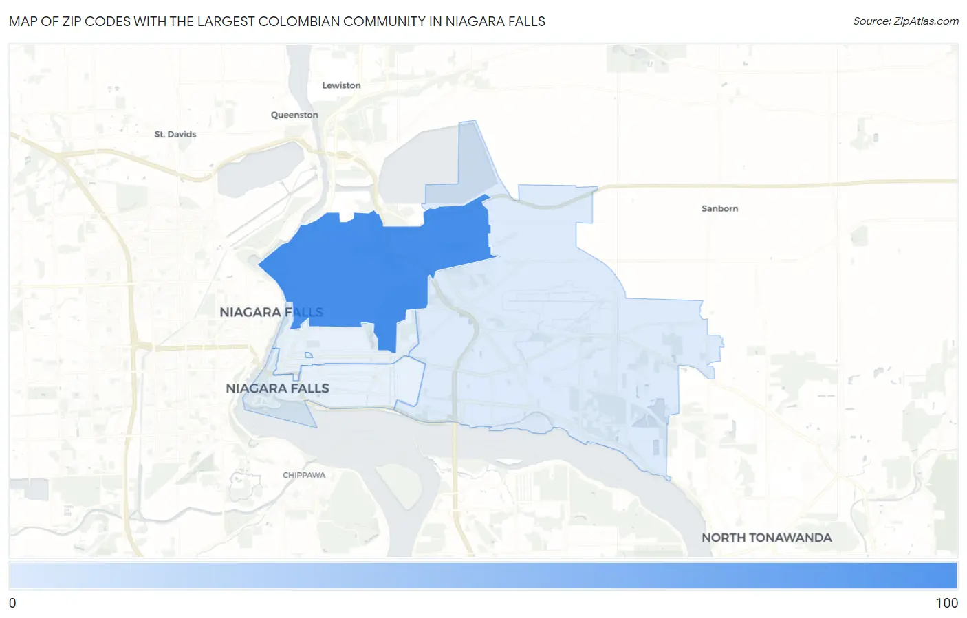 Zip Codes with the Largest Colombian Community in Niagara Falls Map