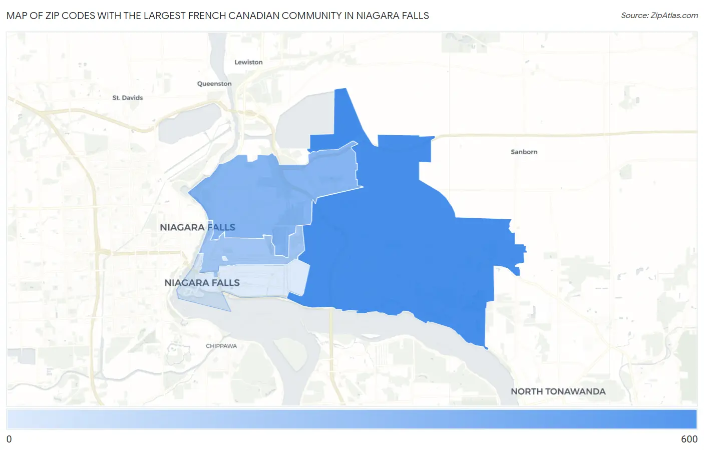 Zip Codes with the Largest French Canadian Community in Niagara Falls Map