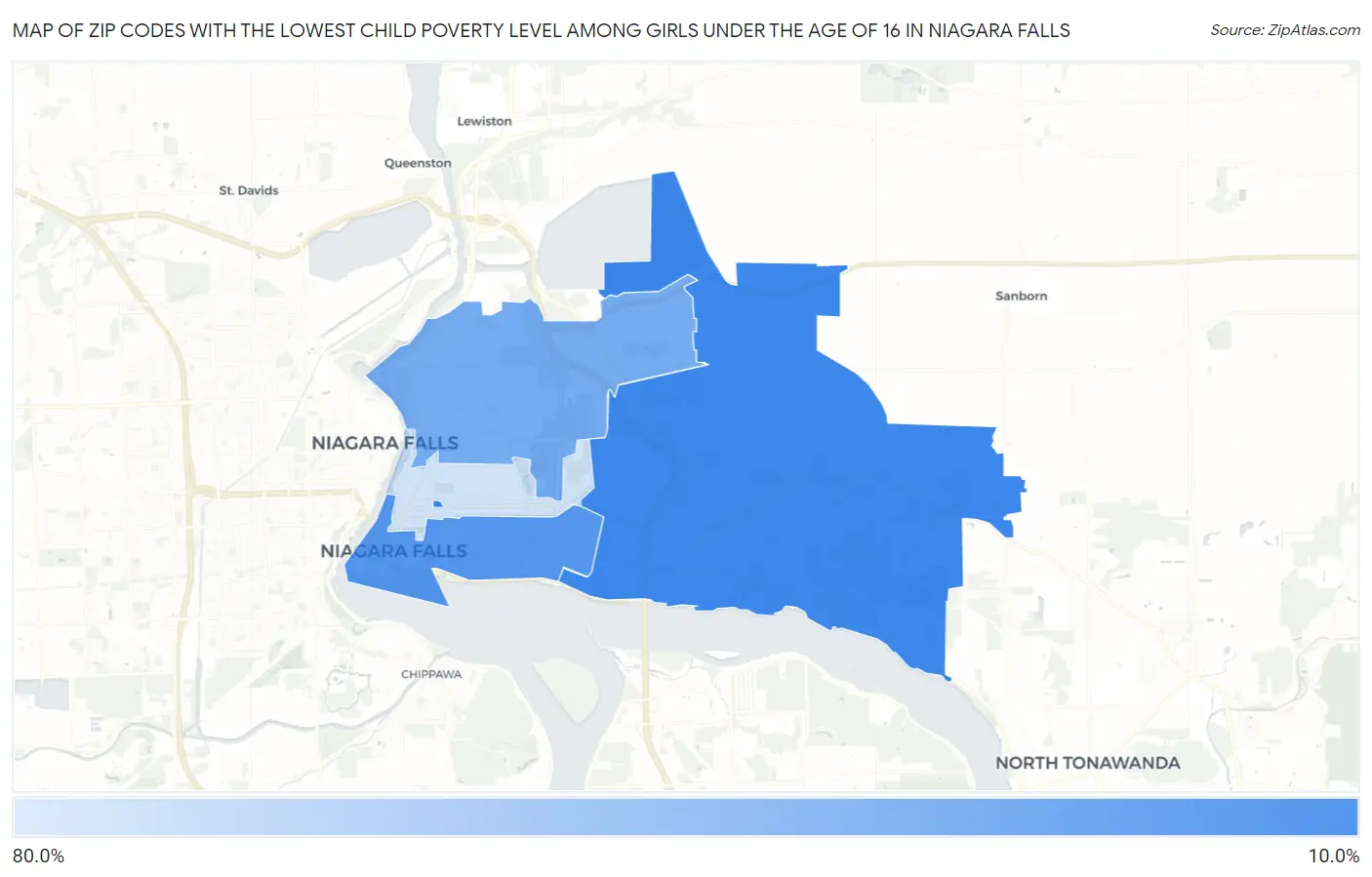 Zip Codes with the Lowest Child Poverty Level Among Girls Under the Age of 16 in Niagara Falls Map