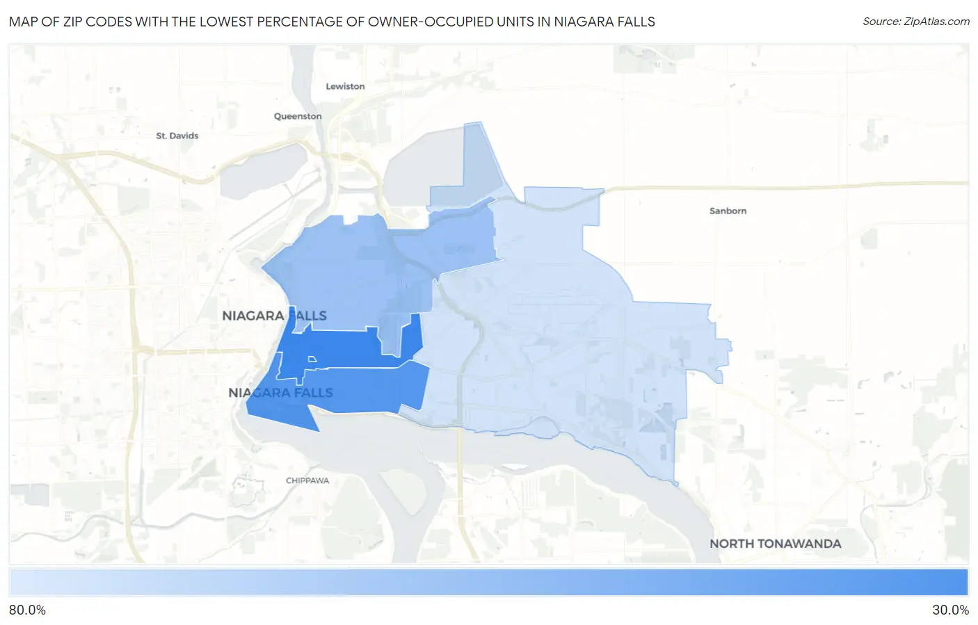 Zip Codes with the Lowest Percentage of Owner-Occupied Units in Niagara Falls Map