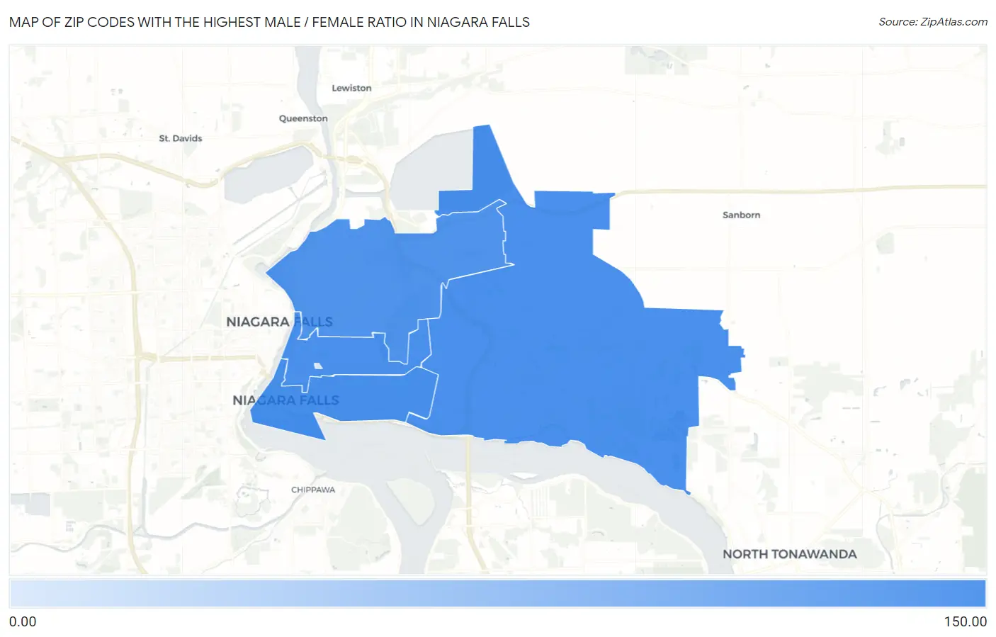 Zip Codes with the Highest Male / Female Ratio in Niagara Falls Map