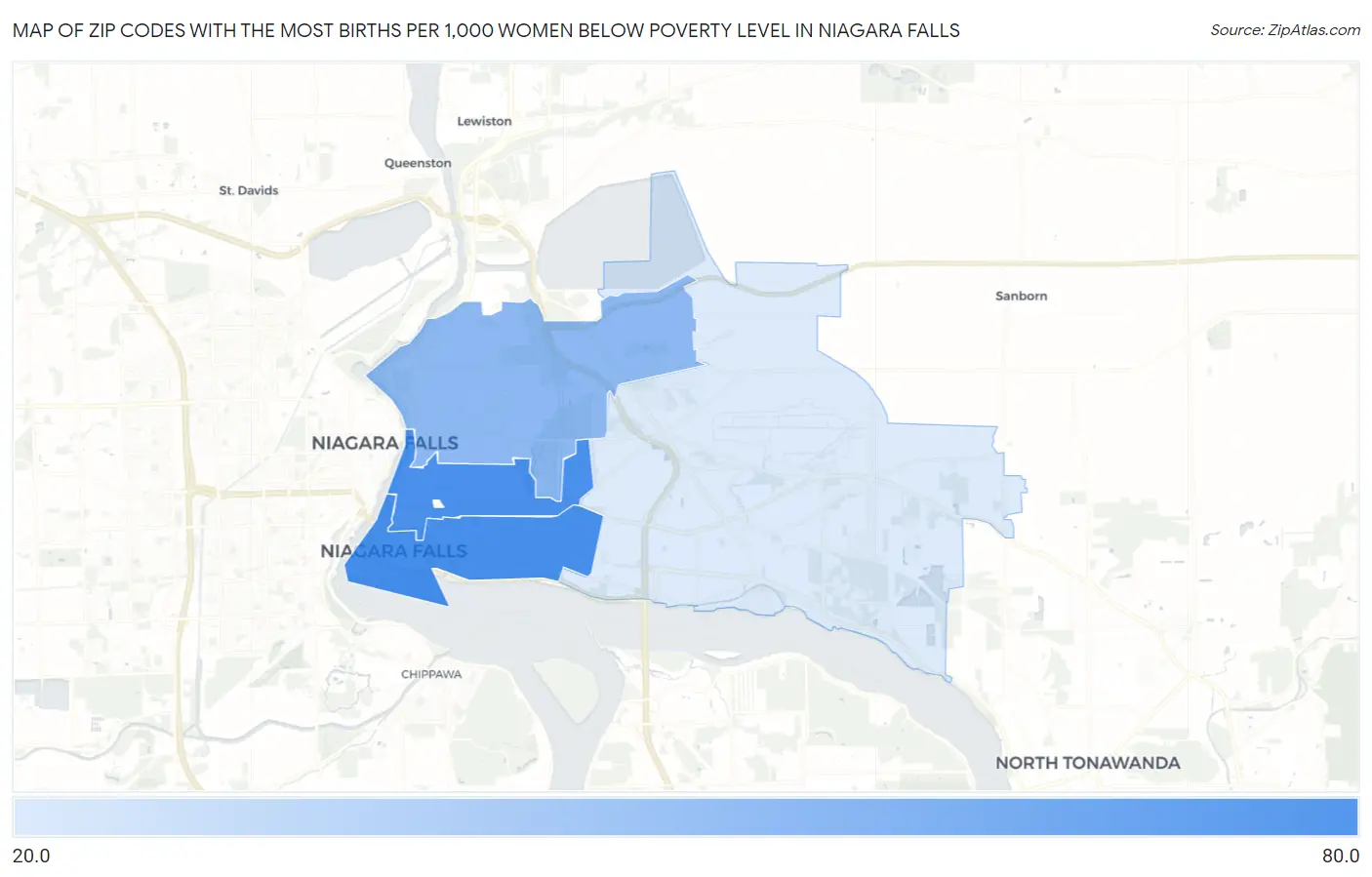 Zip Codes with the Most Births per 1,000 Women Below Poverty Level in Niagara Falls Map