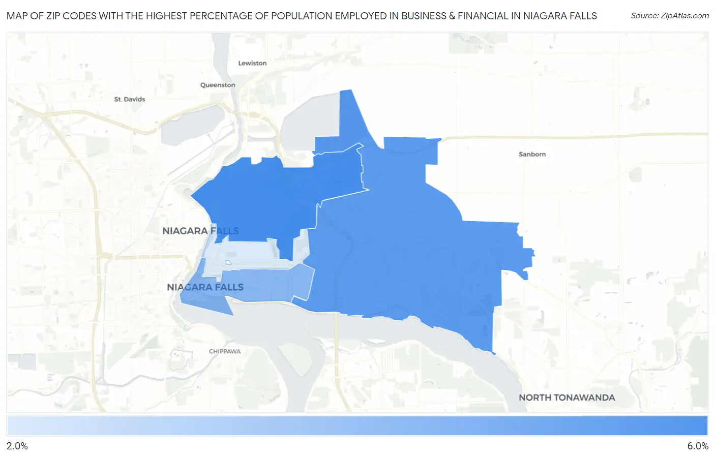 Zip Codes with the Highest Percentage of Population Employed in Business & Financial in Niagara Falls Map