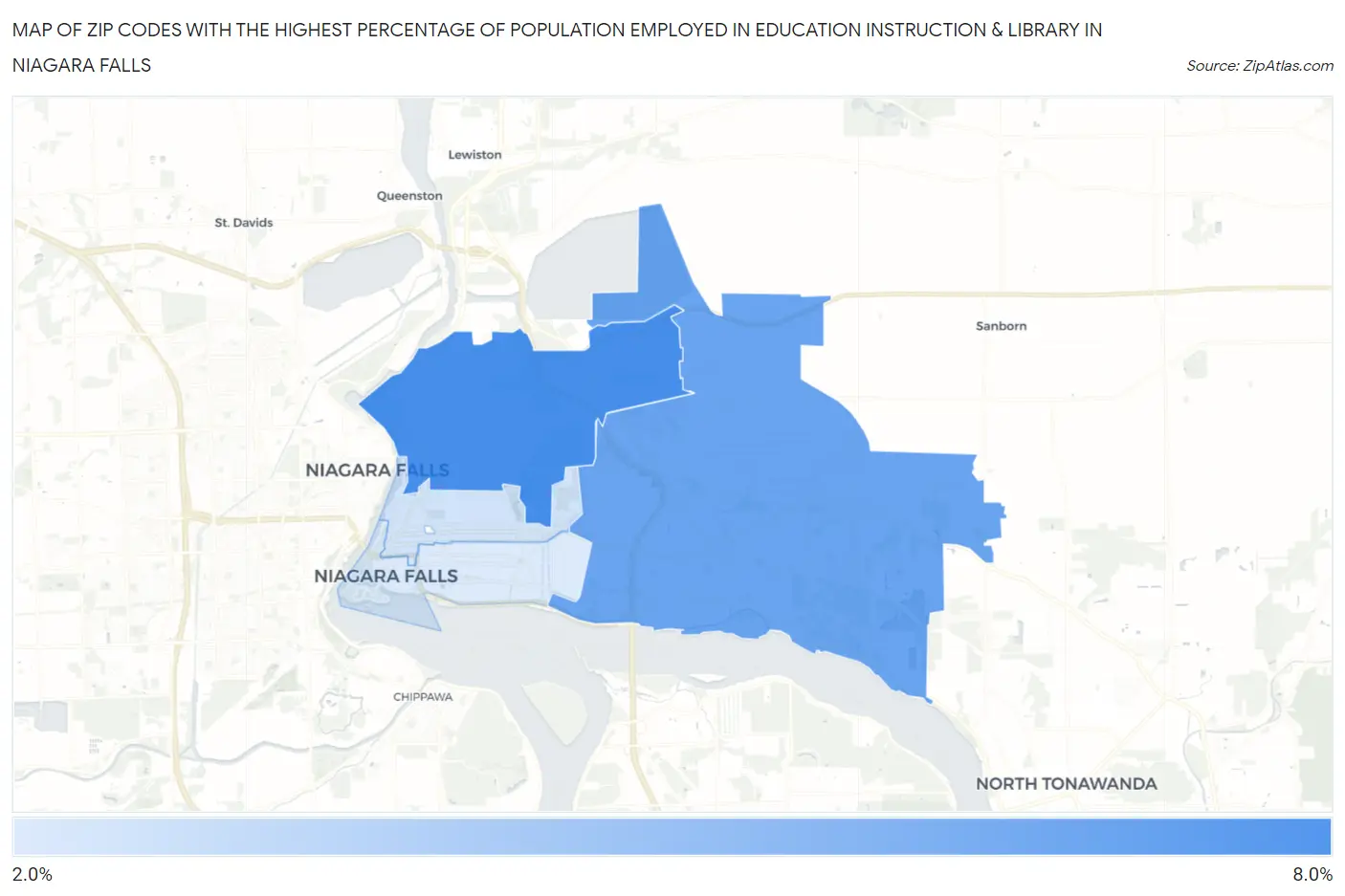 Zip Codes with the Highest Percentage of Population Employed in Education Instruction & Library in Niagara Falls Map
