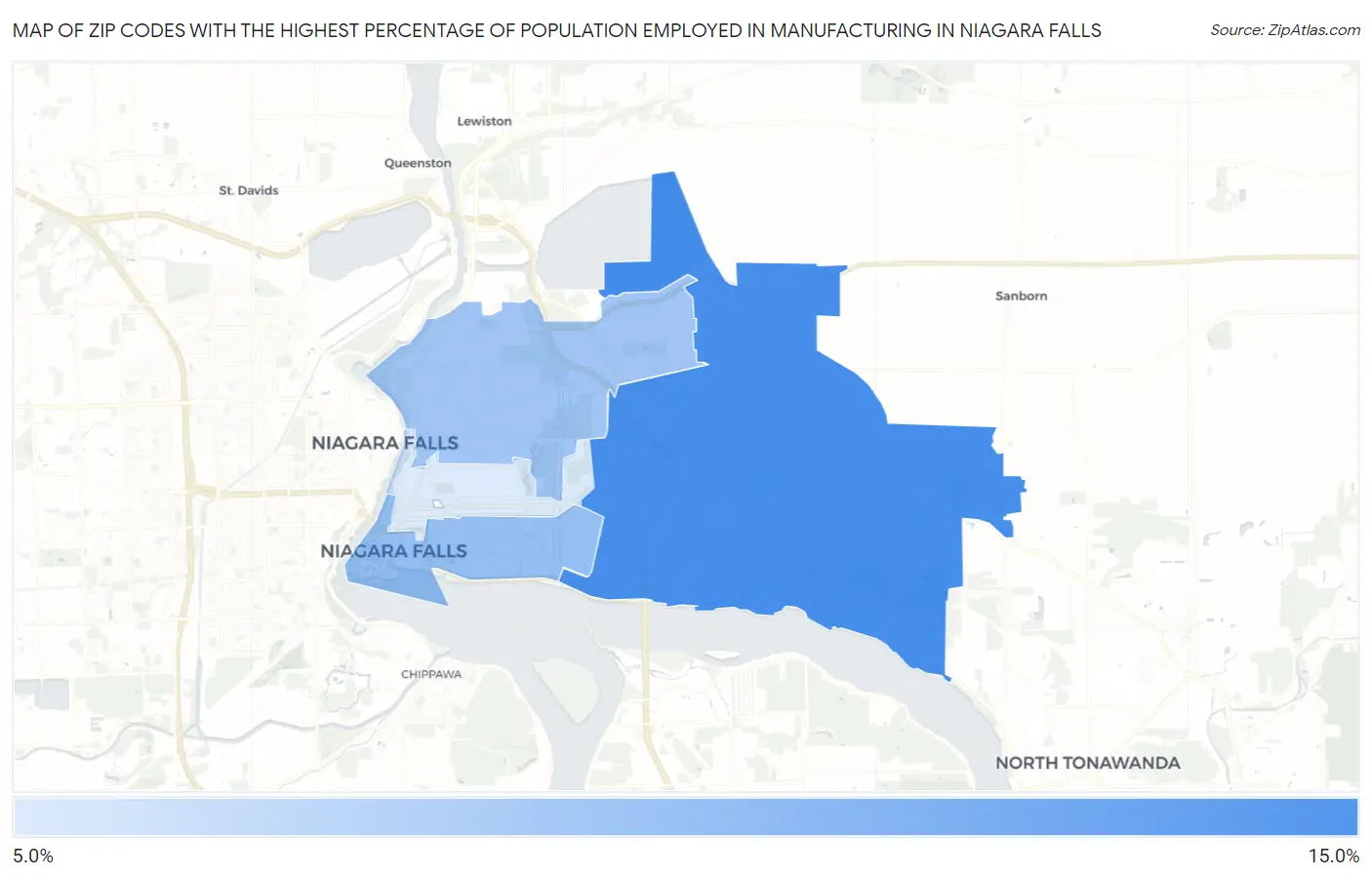 Zip Codes with the Highest Percentage of Population Employed in Manufacturing in Niagara Falls Map