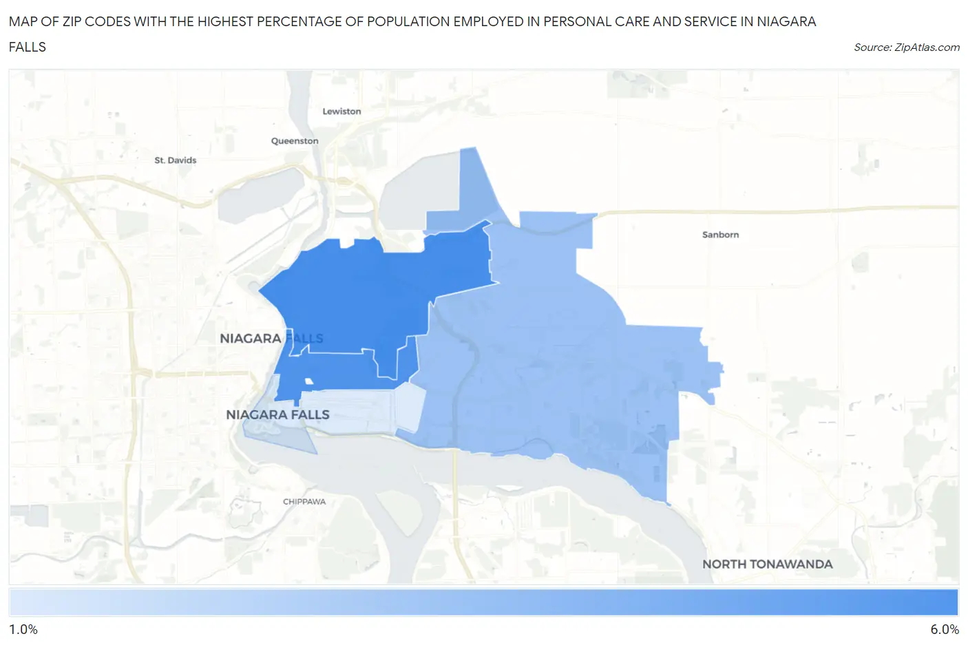 Zip Codes with the Highest Percentage of Population Employed in Personal Care and Service in Niagara Falls Map