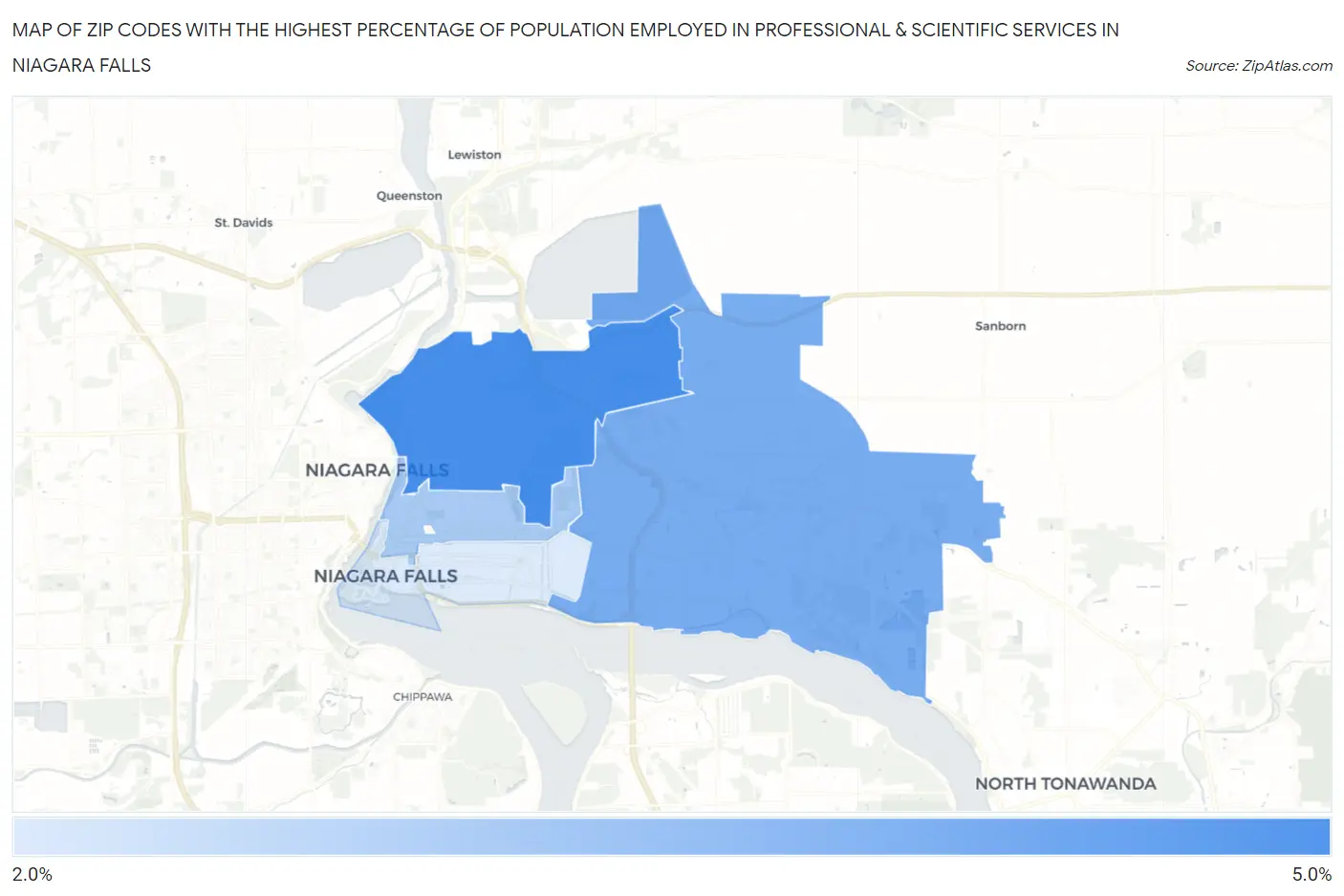Zip Codes with the Highest Percentage of Population Employed in Professional & Scientific Services in Niagara Falls Map