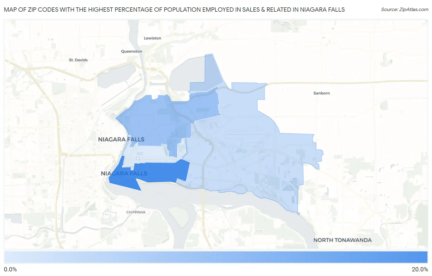 Zip Codes with the Highest Percentage of Population Employed in Sales & Related in Niagara Falls Map