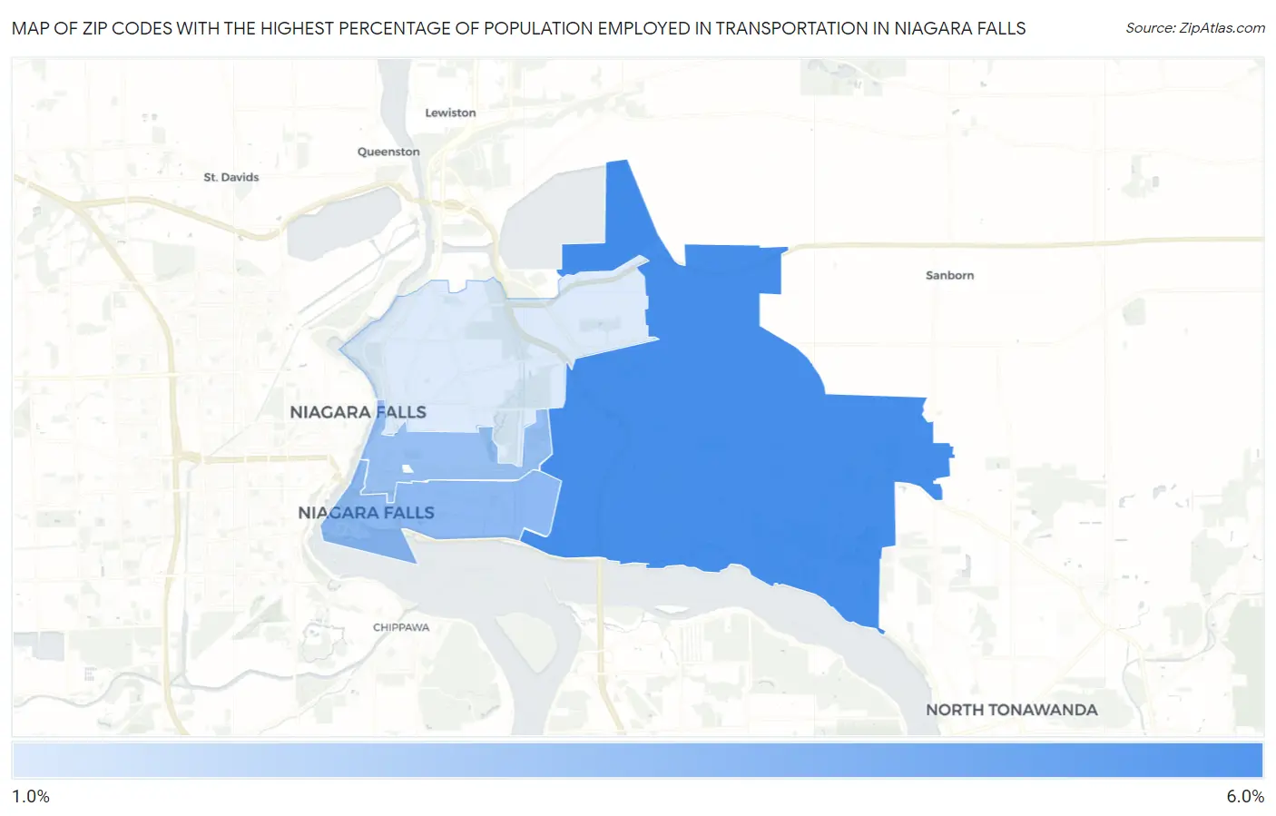 Zip Codes with the Highest Percentage of Population Employed in Transportation in Niagara Falls Map