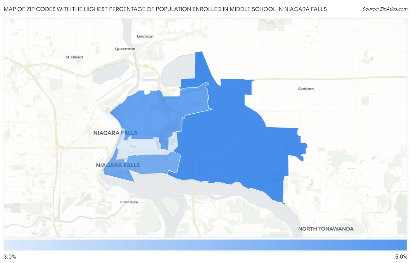 Zip Codes with the Highest Percentage of Population Enrolled in Middle School in Niagara Falls Map